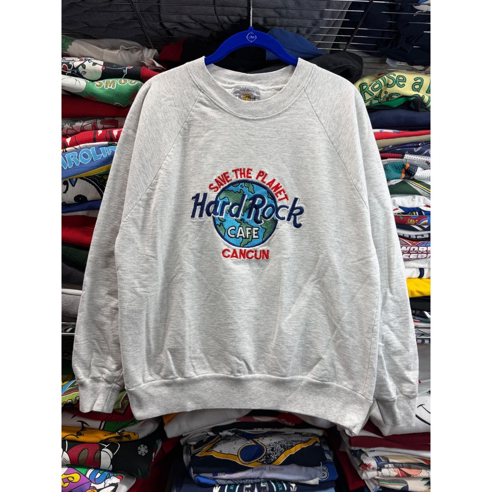 Vintage 80s Hard Rock Cafe Cancun Save The Planet Gray Sweatshirt Mens L Raglan